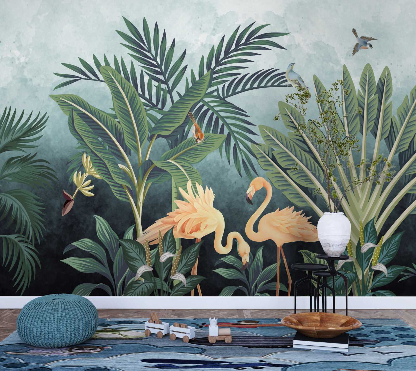 Papier peint dans la jungle, les flamants roses brillent sur l'eau