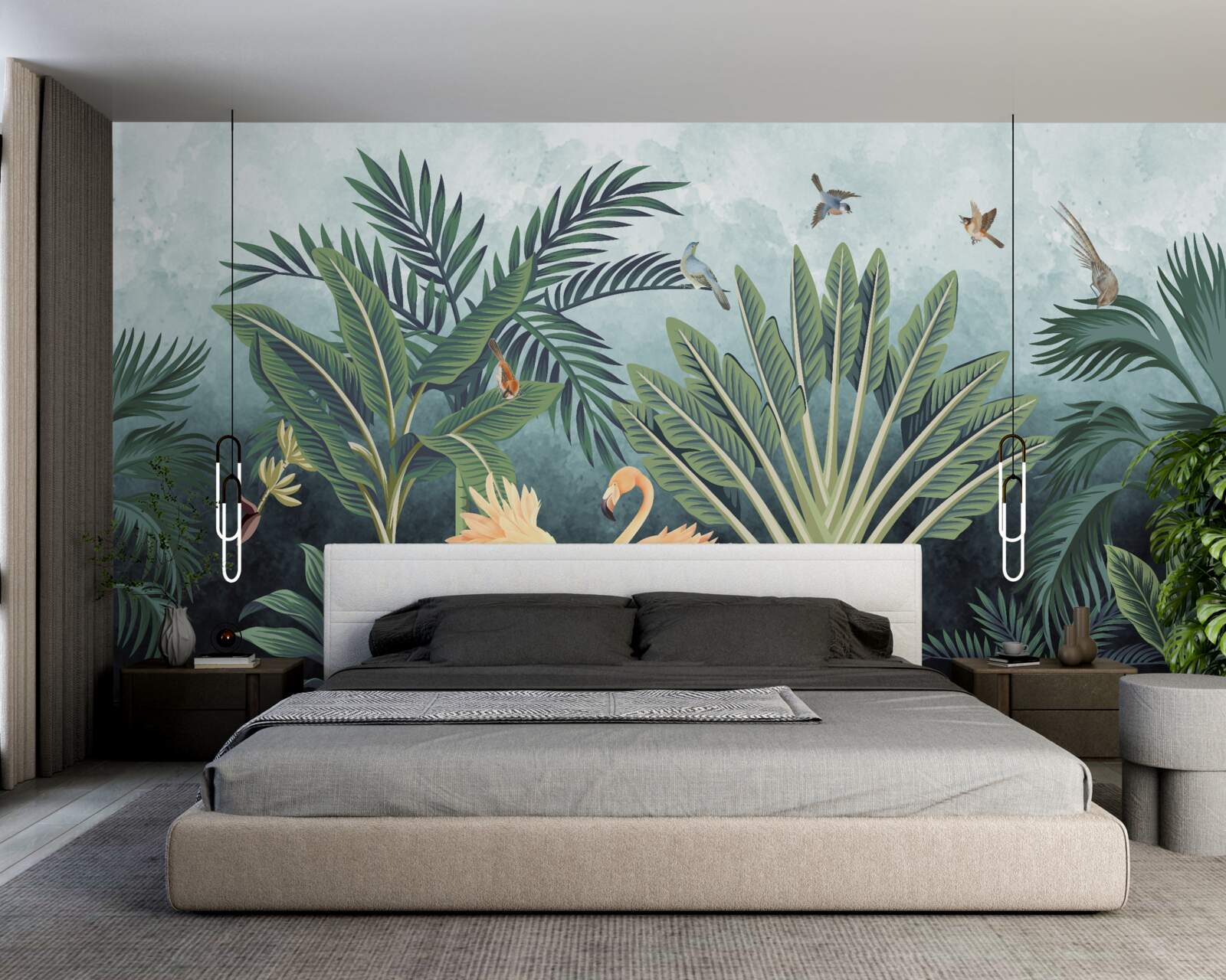 Papier peint dans la jungle, les flamants roses brillent sur l'eau