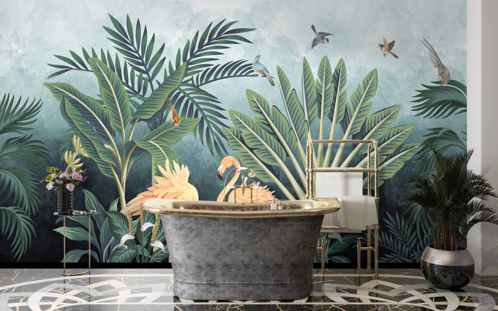 Papier peint dans la jungle, les flamants roses brillent sur l'eau