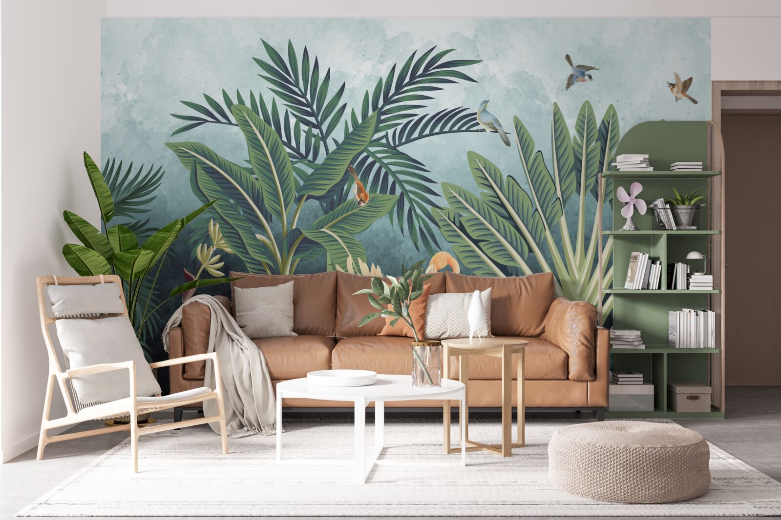 Papier peint dans la jungle, les flamants roses brillent sur l'eau