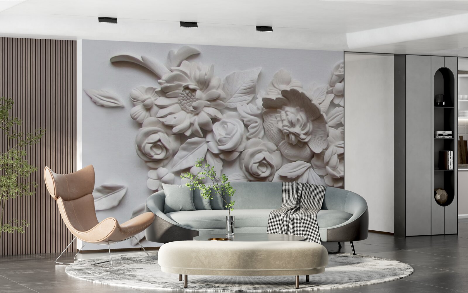 Papier peint relief avec fleurs blanches