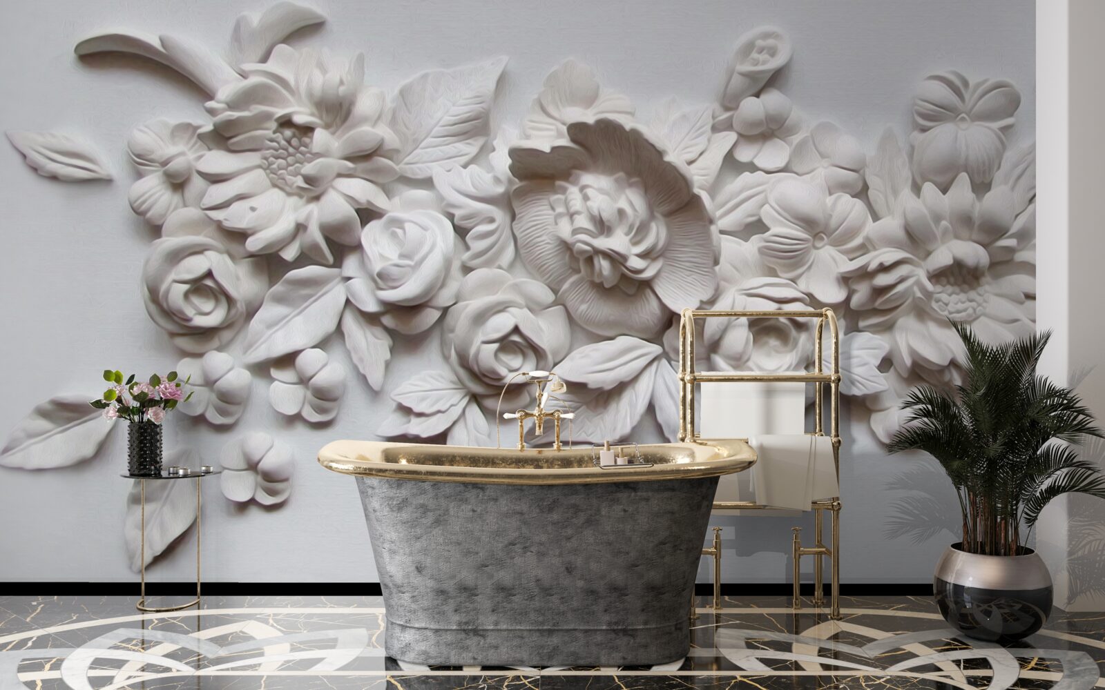 Papier peint relief avec fleurs blanches