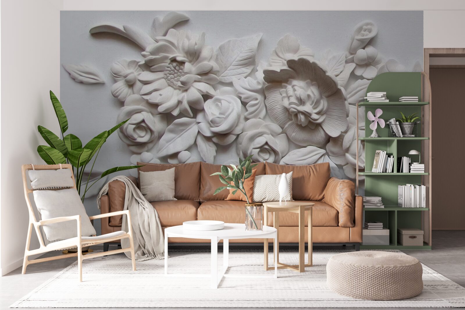 Papier peint relief avec fleurs blanches