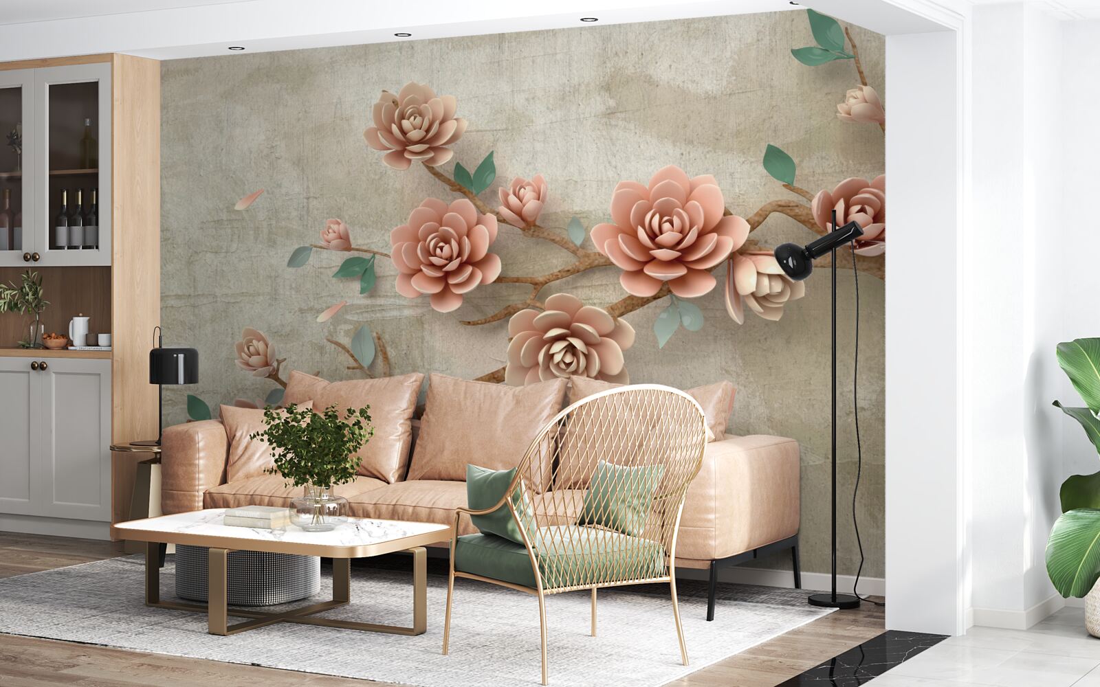 Papier peint lorsqu'il pleut, des bourgeons bruns apparaissent sur les branches