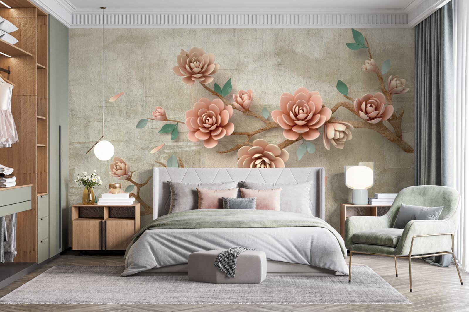 Papier peint lorsqu'il pleut, des bourgeons bruns apparaissent sur les branches