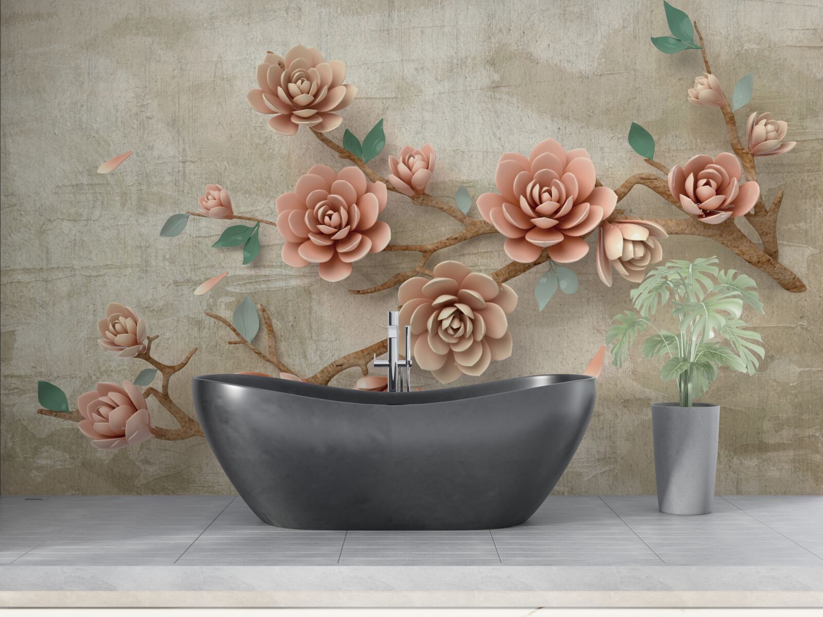 Papier peint lorsqu'il pleut, des bourgeons bruns apparaissent sur les branches