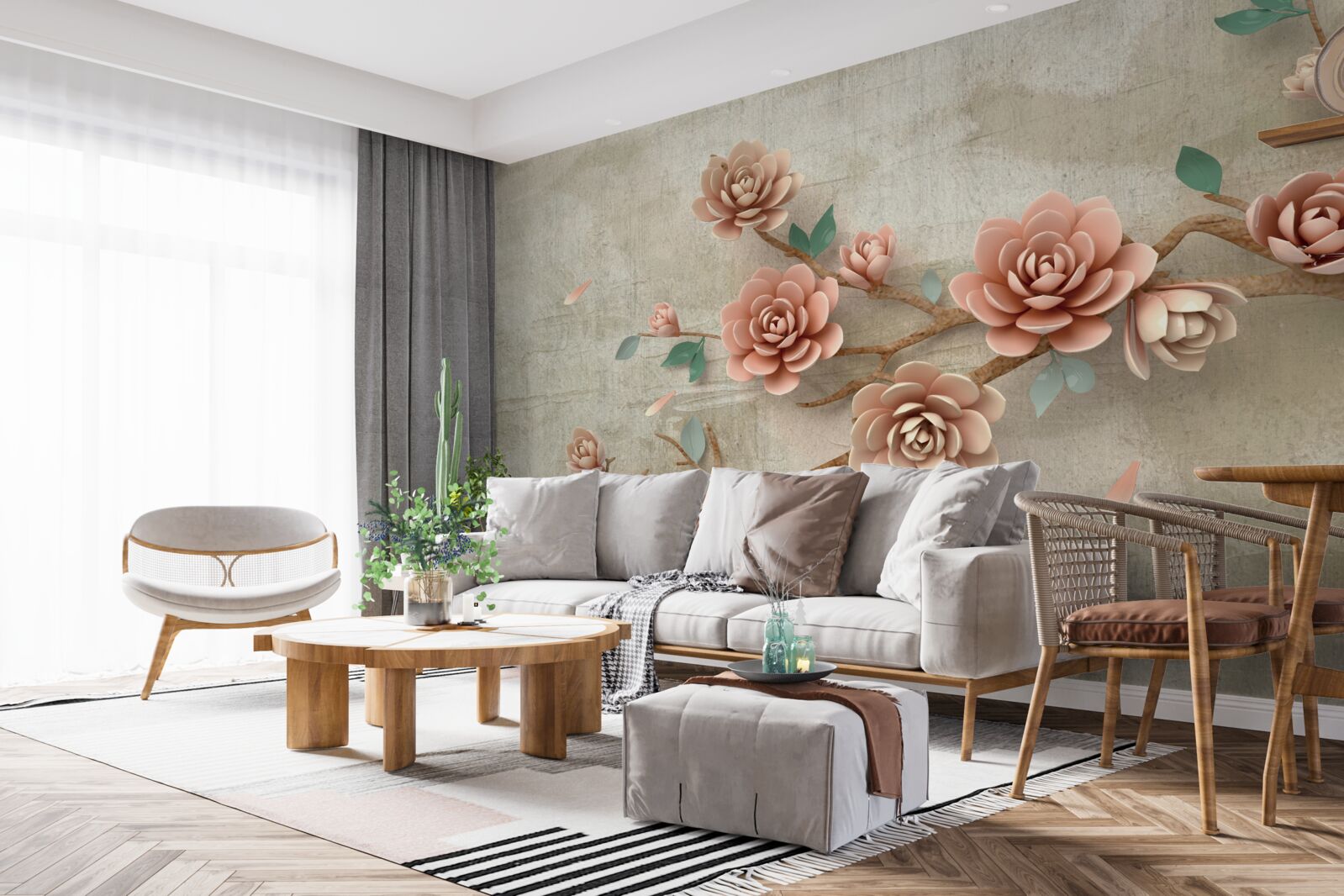 Papier peint lorsqu'il pleut, des bourgeons bruns apparaissent sur les branches