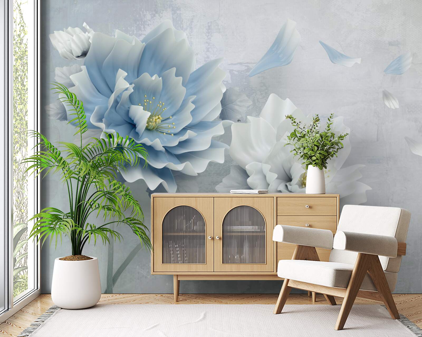 Papier peint image abstraite d'une fleur blanche et bleue sur fond de montagne