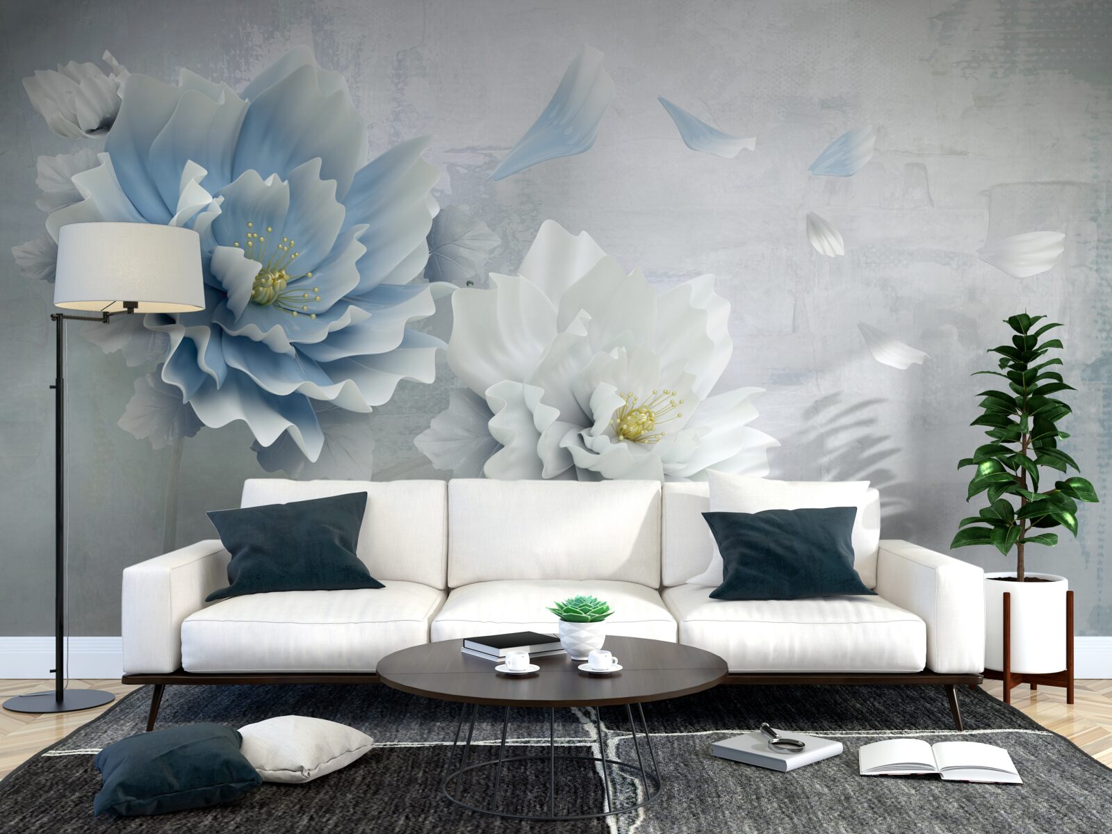 Papier peint image abstraite d'une fleur blanche et bleue sur fond de montagne