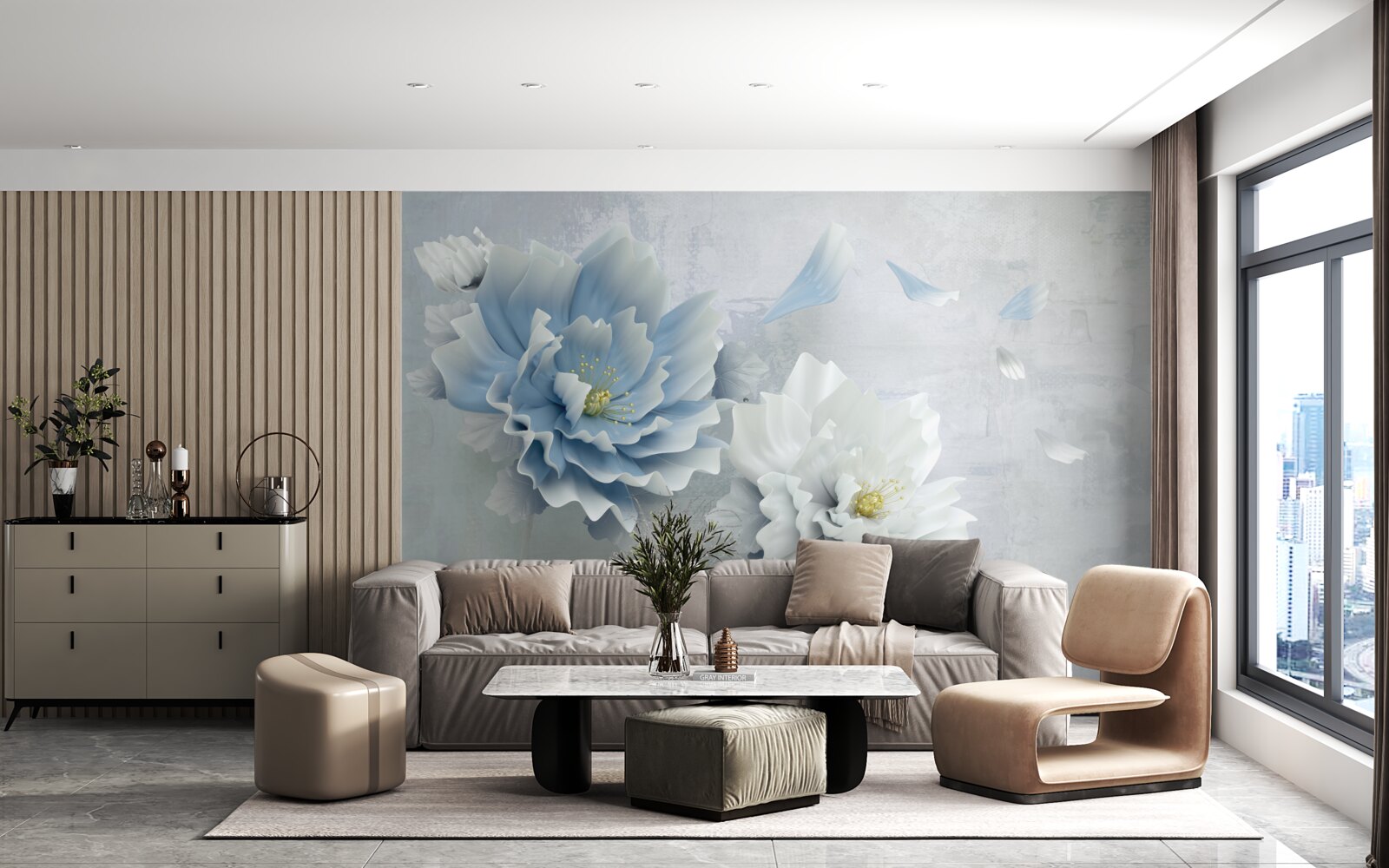 Papier peint image abstraite d'une fleur blanche et bleue sur fond de montagne