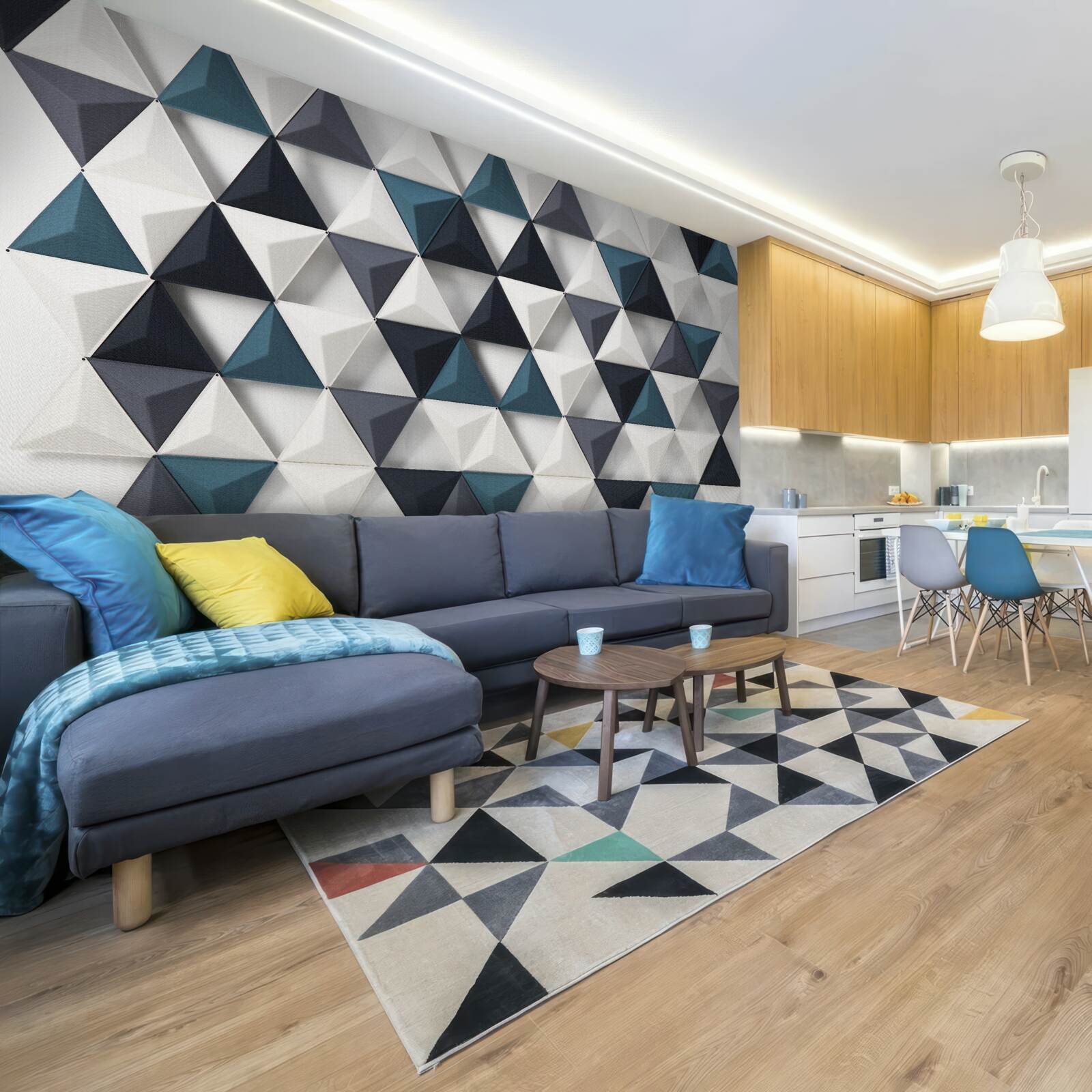 Papier peint triangles volumétriques dans les tons blanc et émeraude