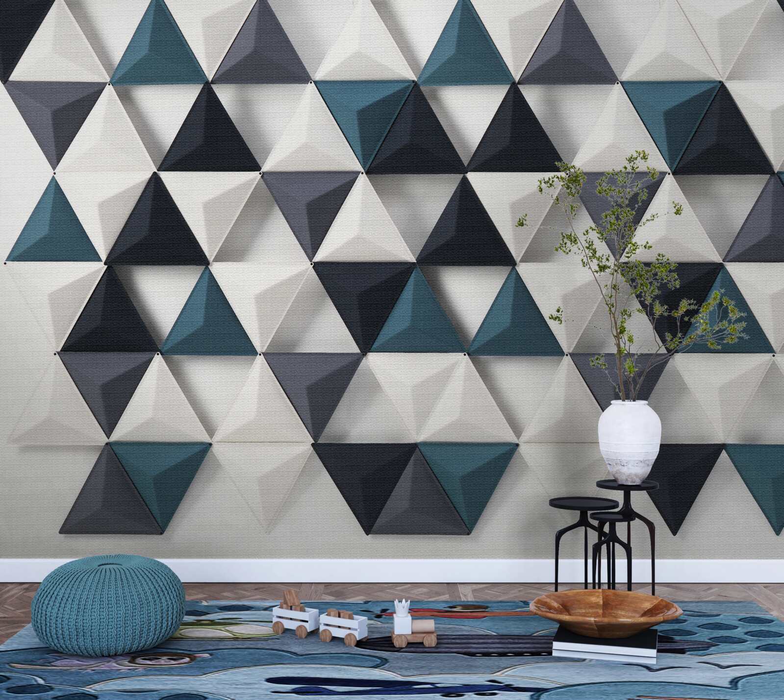 Papier peint triangles volumétriques dans les tons blanc et émeraude