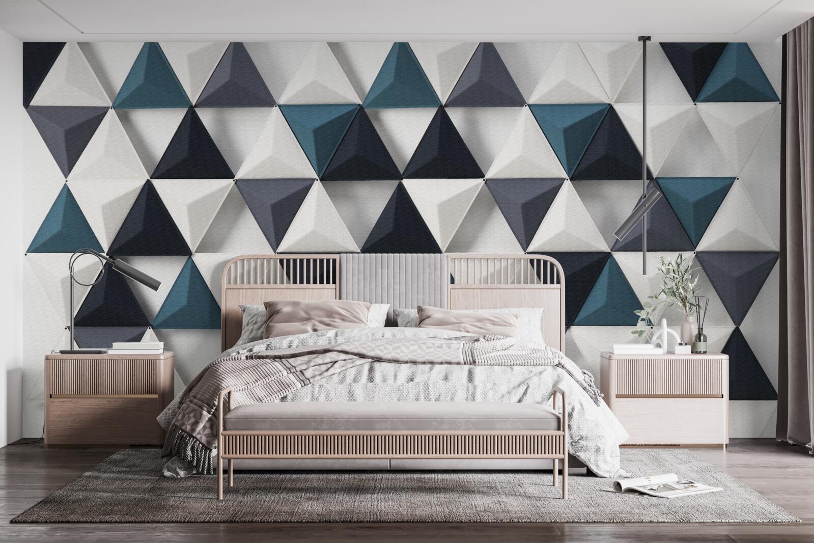 Papier peint triangles volumétriques dans les tons blanc et émeraude