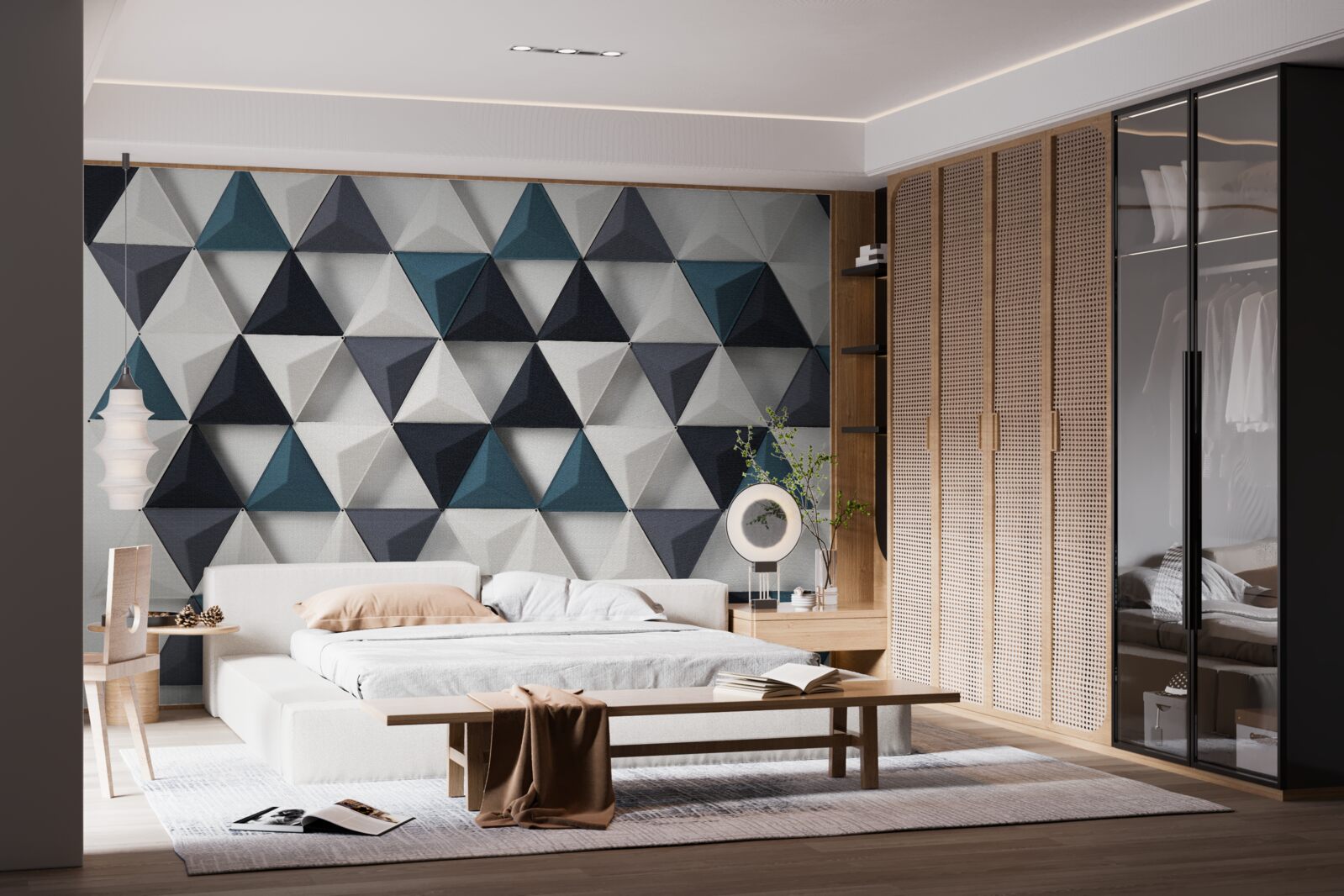 Papier peint triangles volumétriques dans les tons blanc et émeraude