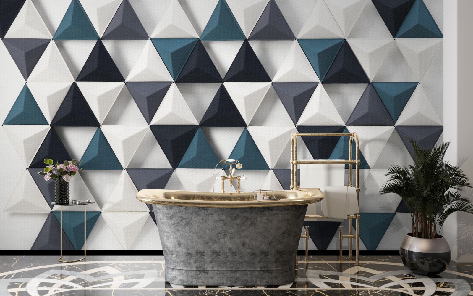 Papier peint triangles volumétriques dans les tons blanc et émeraude