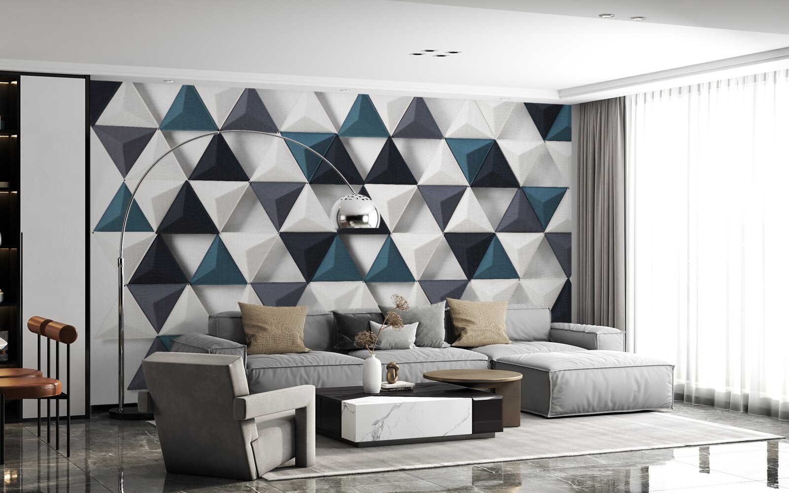 Papier peint triangles volumétriques dans les tons blanc et émeraude