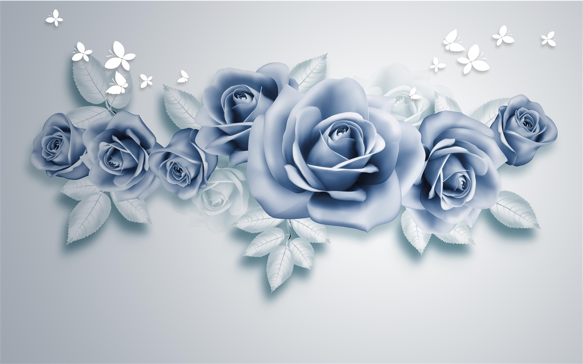 Papier peint Papillons blancs comme neige et roses bleues tendres