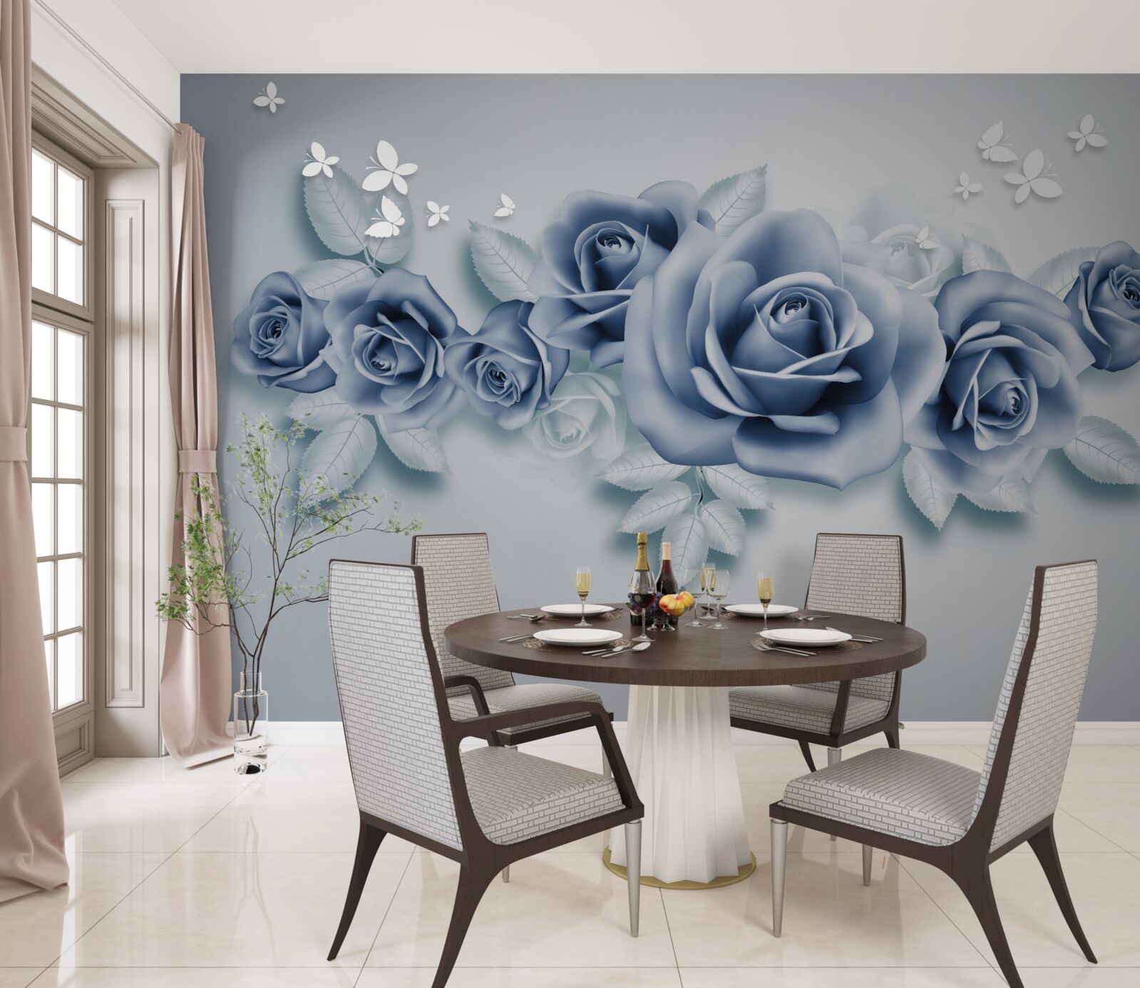 Papier peint Papillons blancs comme neige et roses bleues tendres