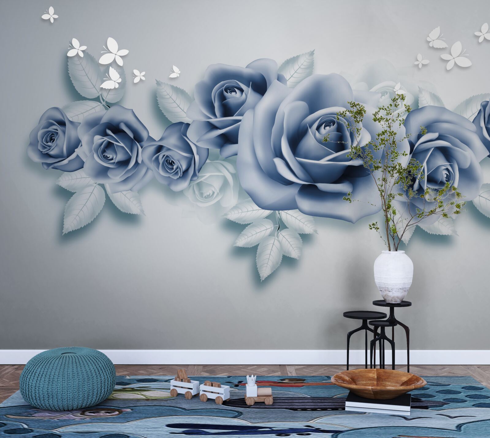 Papier peint Papillons blancs comme neige et roses bleues tendres