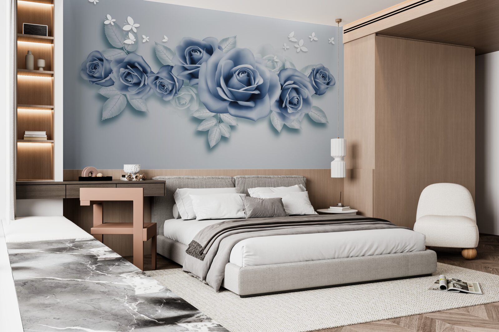 Papier peint Papillons blancs comme neige et roses bleues tendres