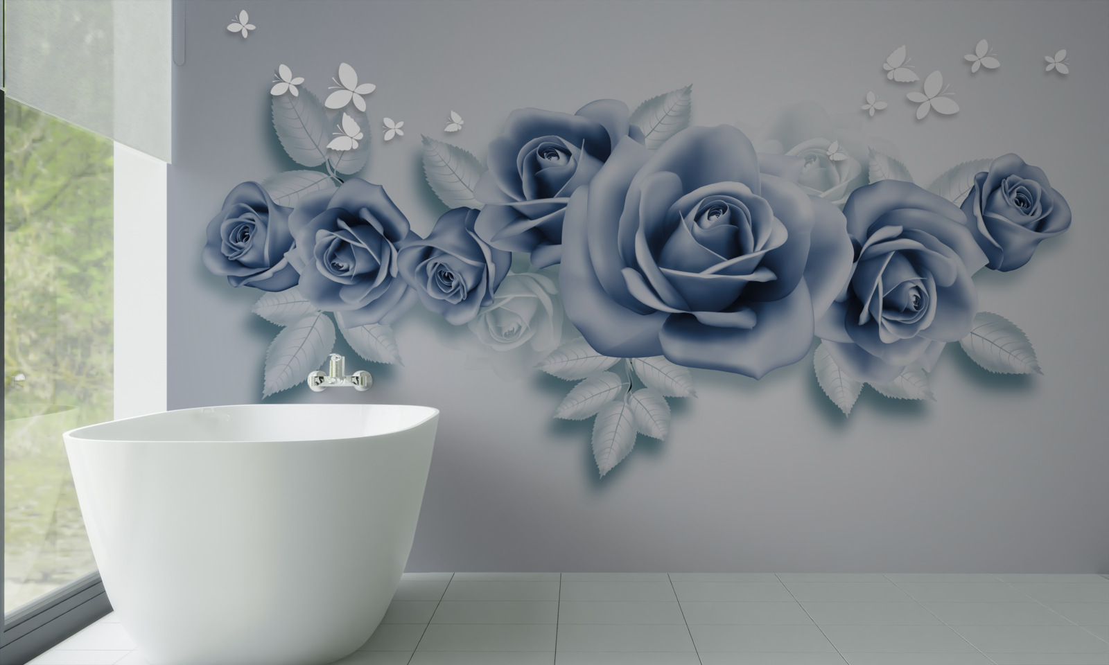 Papier peint Papillons blancs comme neige et roses bleues tendres