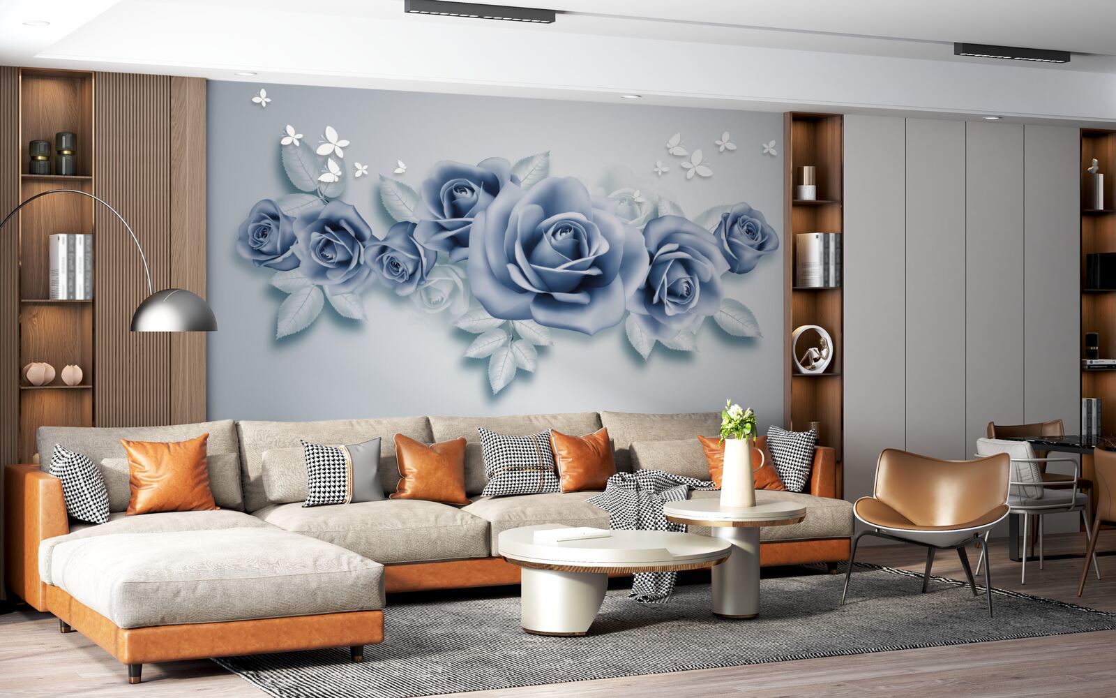 Papier peint Papillons blancs comme neige et roses bleues tendres