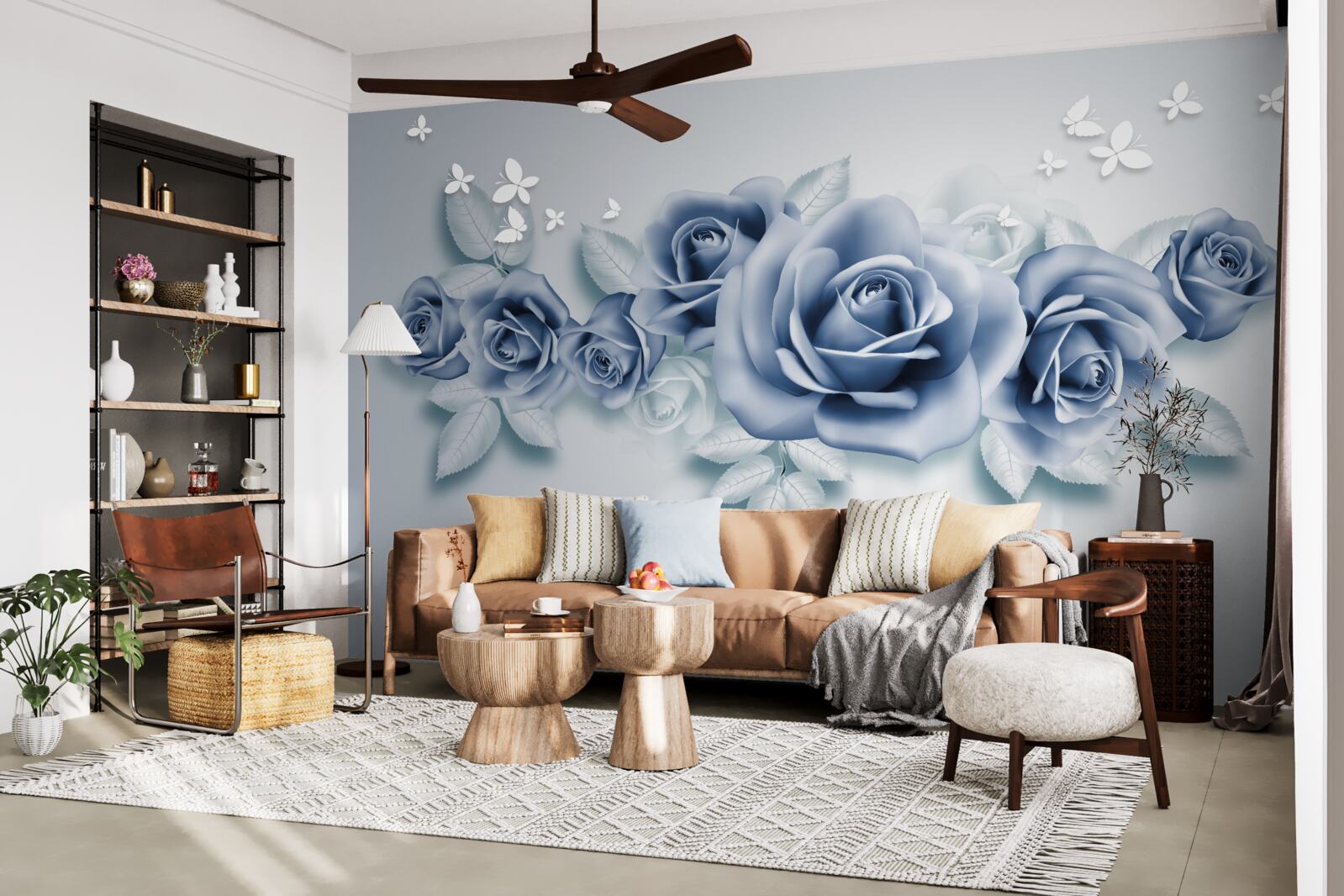 Papier peint Papillons blancs comme neige et roses bleues tendres