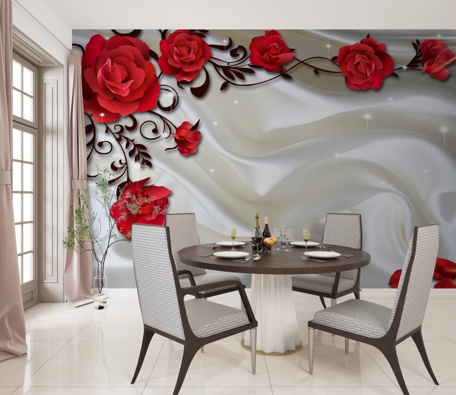 Papier peint branches de roses rouges sur fond de soie douce