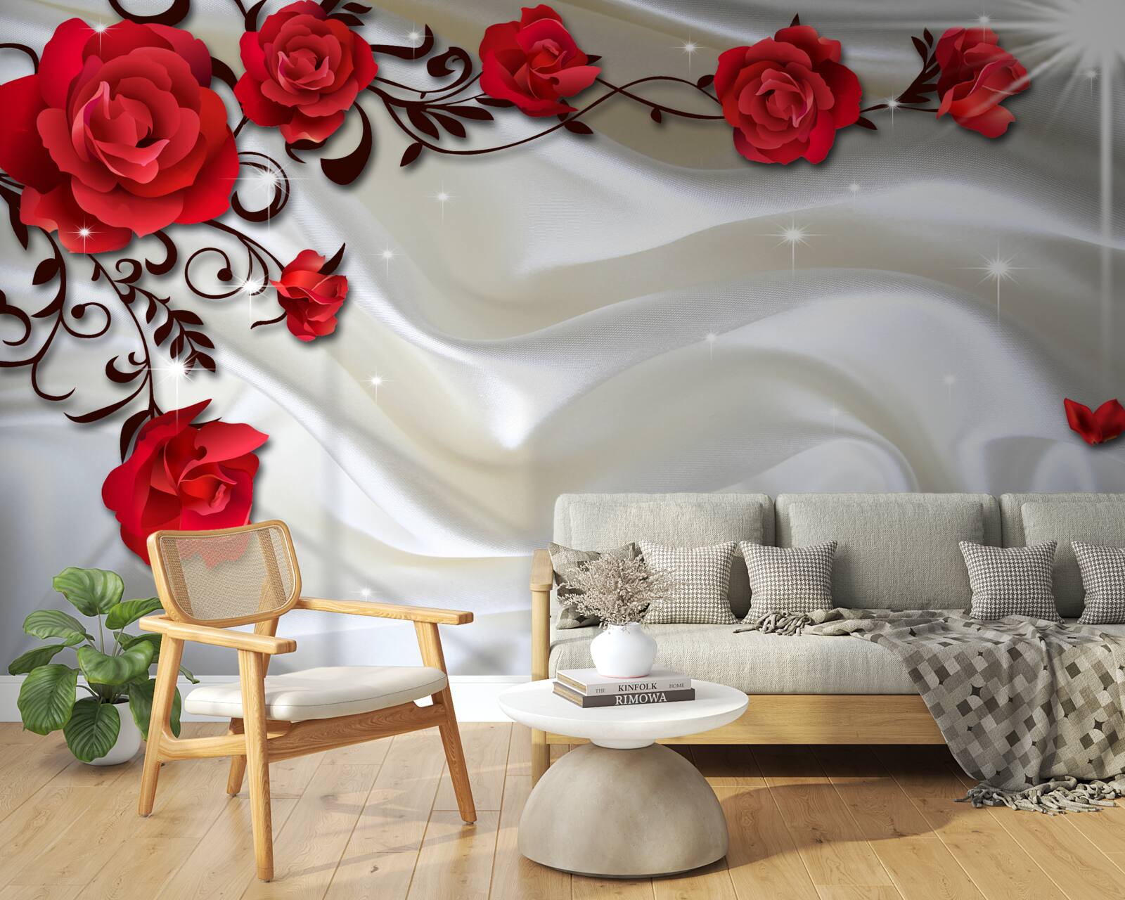 Papier peint branches de roses rouges sur fond de soie douce