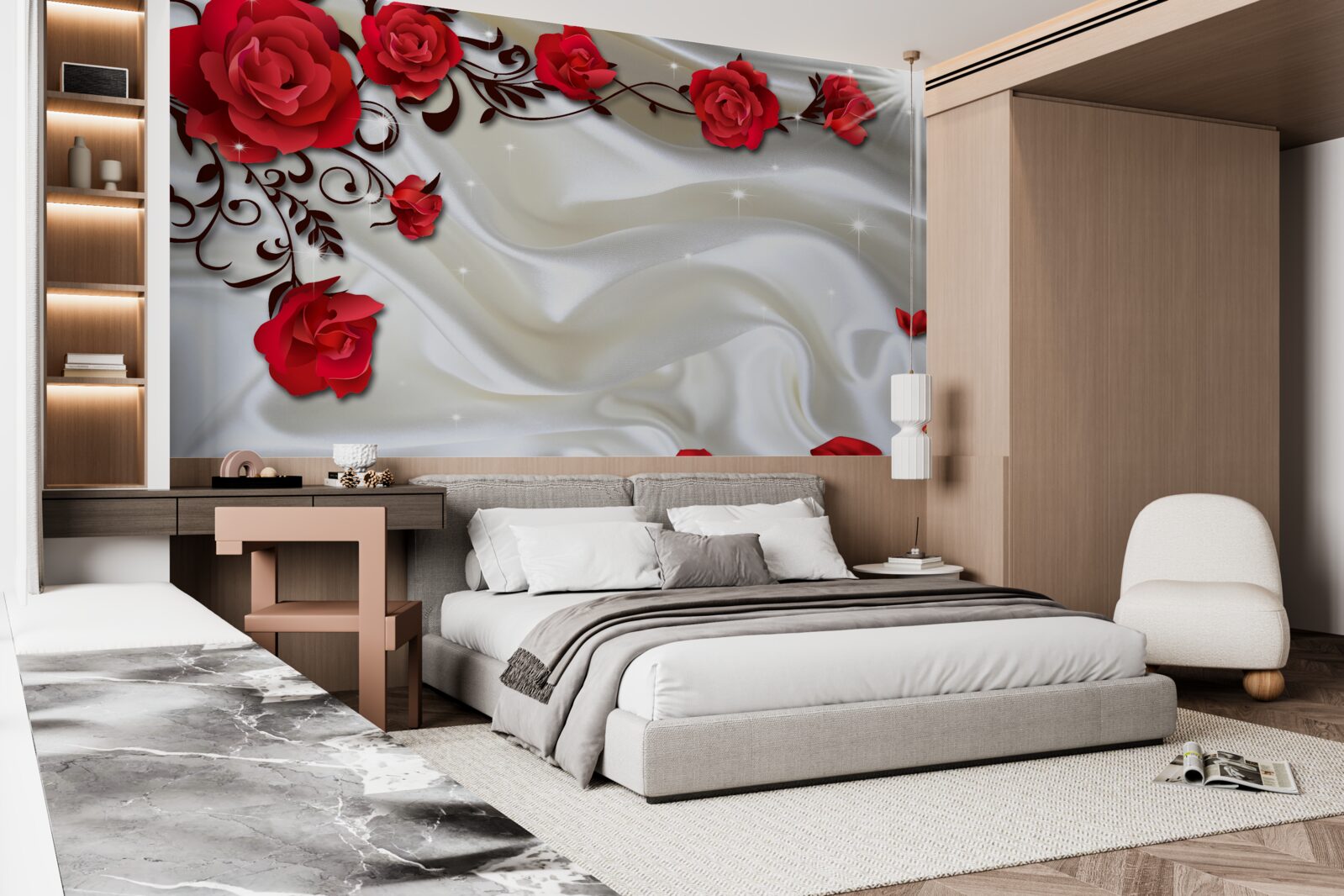 Papier peint branches de roses rouges sur fond de soie douce