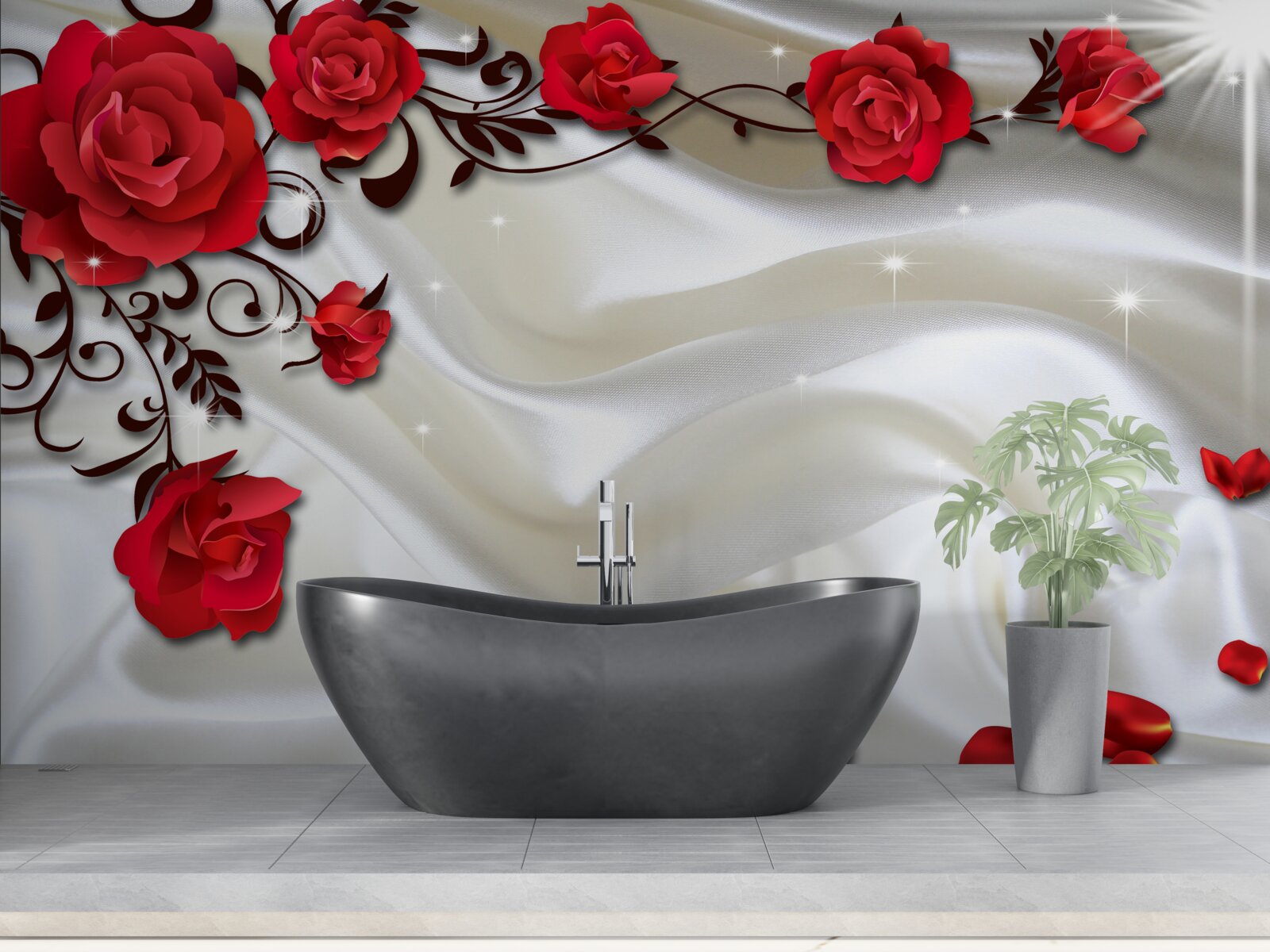 Papier peint branches de roses rouges sur fond de soie douce