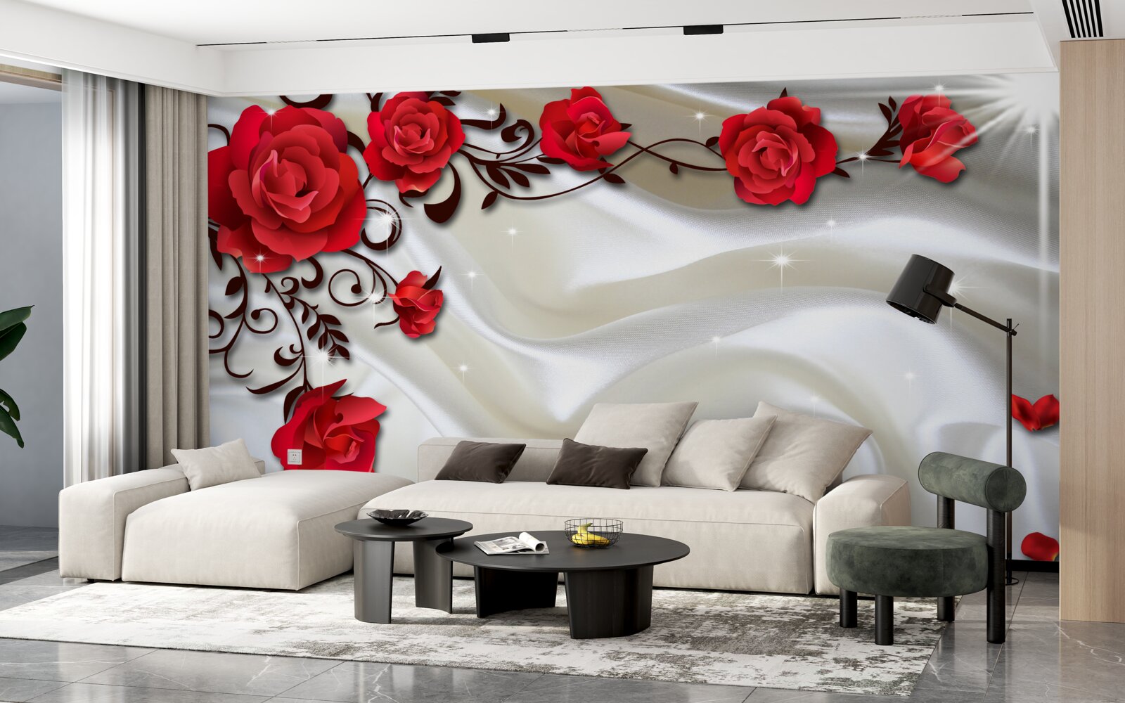 Papier peint branches de roses rouges sur fond de soie douce