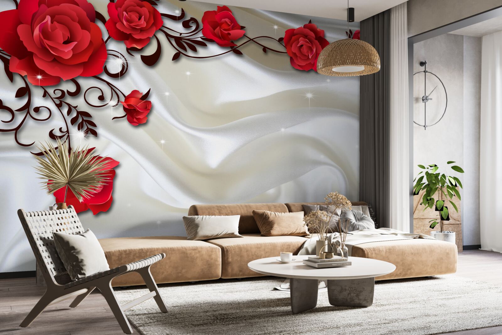 Papier peint branches de roses rouges sur fond de soie douce