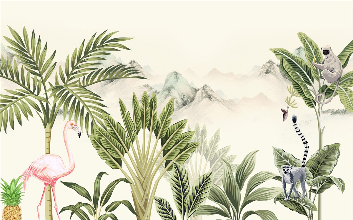 Papier peint Tropiques exotiques et flamants roses pastel