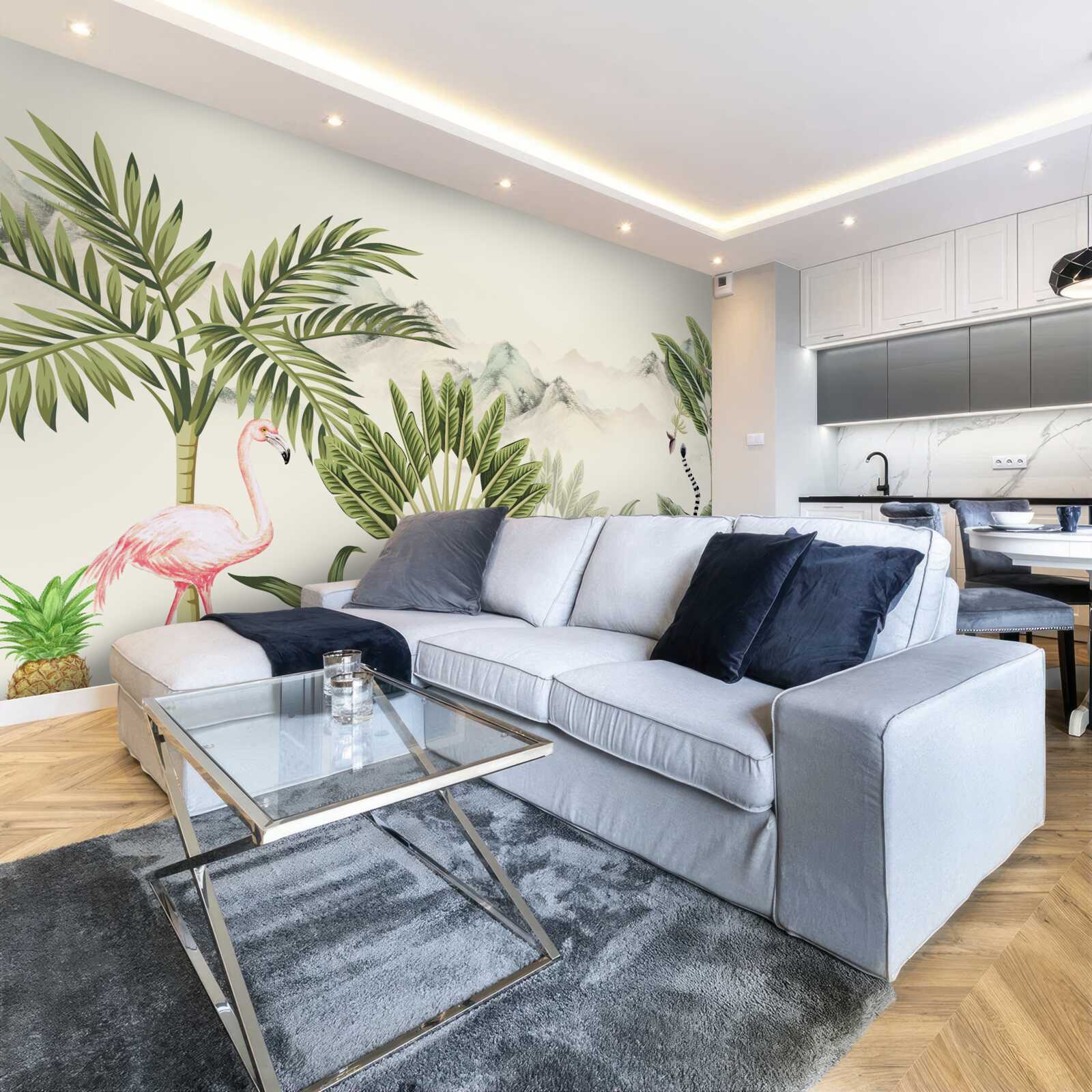 Papier peint Tropiques exotiques et flamants roses pastel