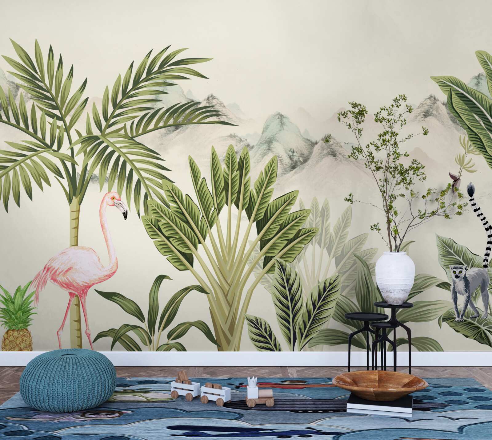 Papier peint Tropiques exotiques et flamants roses pastel
