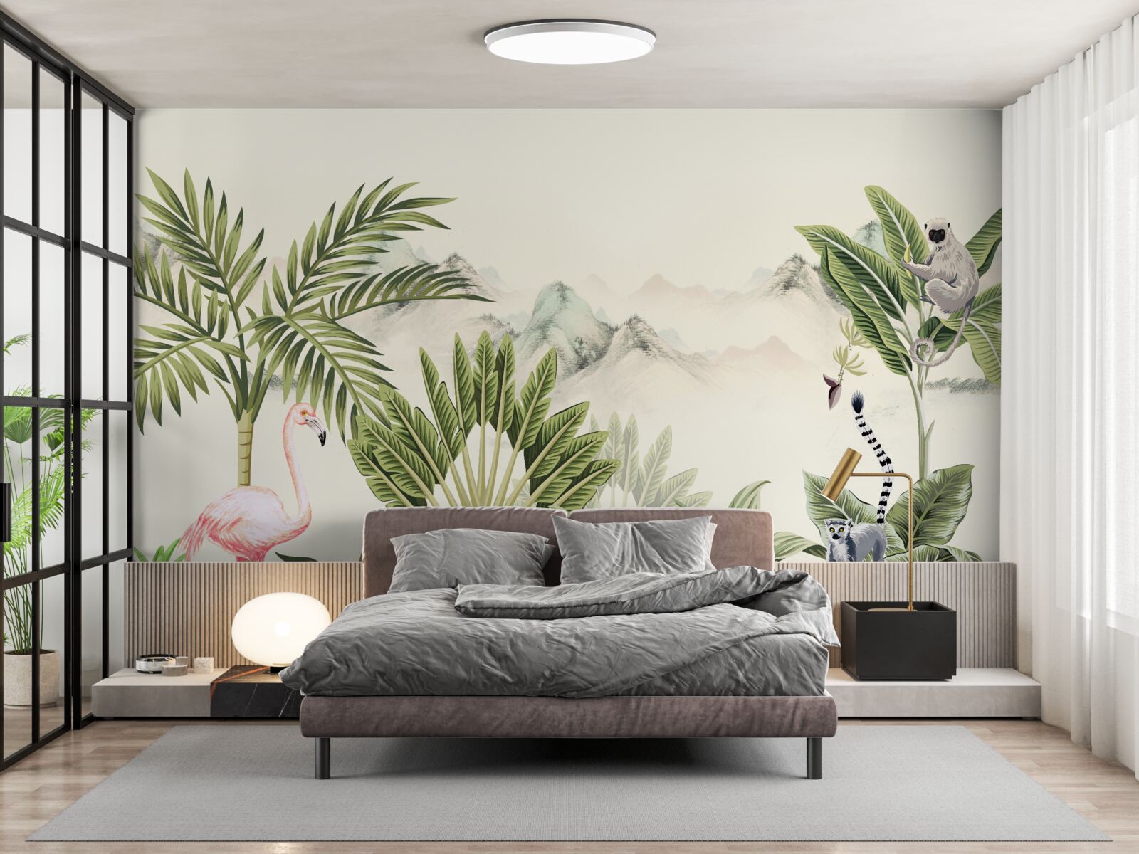 Papier peint Tropiques exotiques et flamants roses pastel