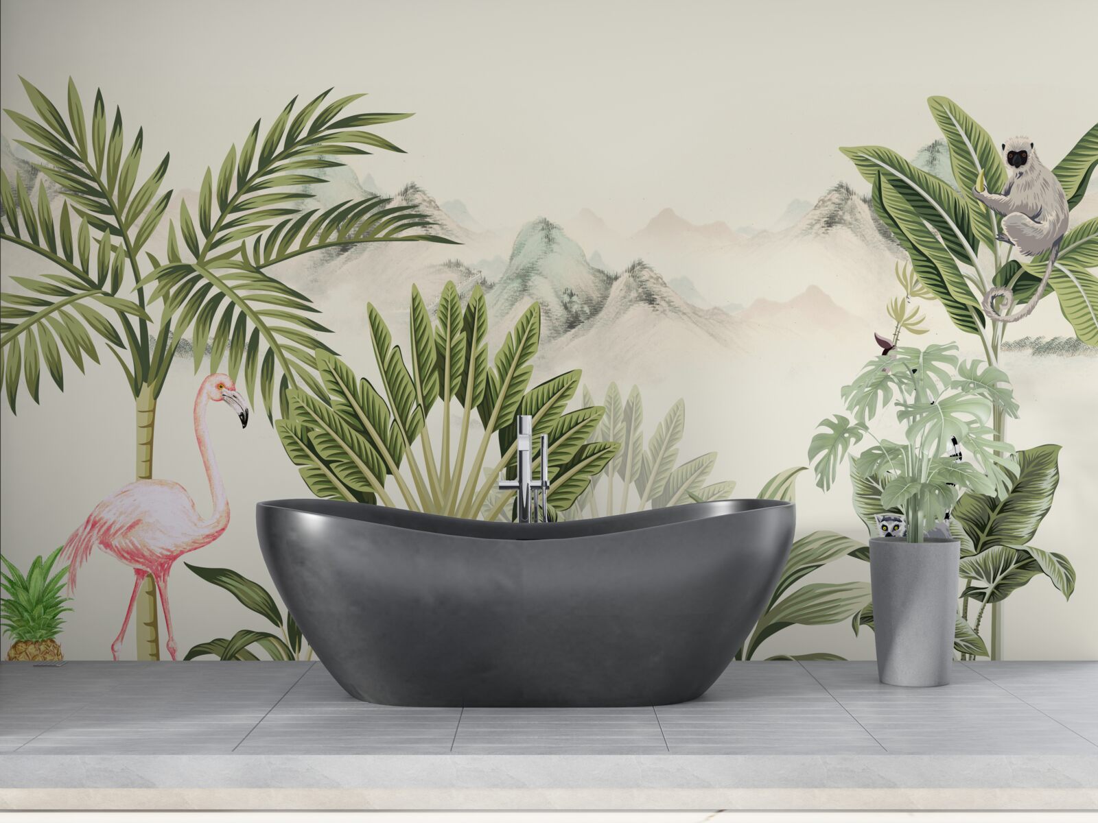Papier peint Tropiques exotiques et flamants roses pastel