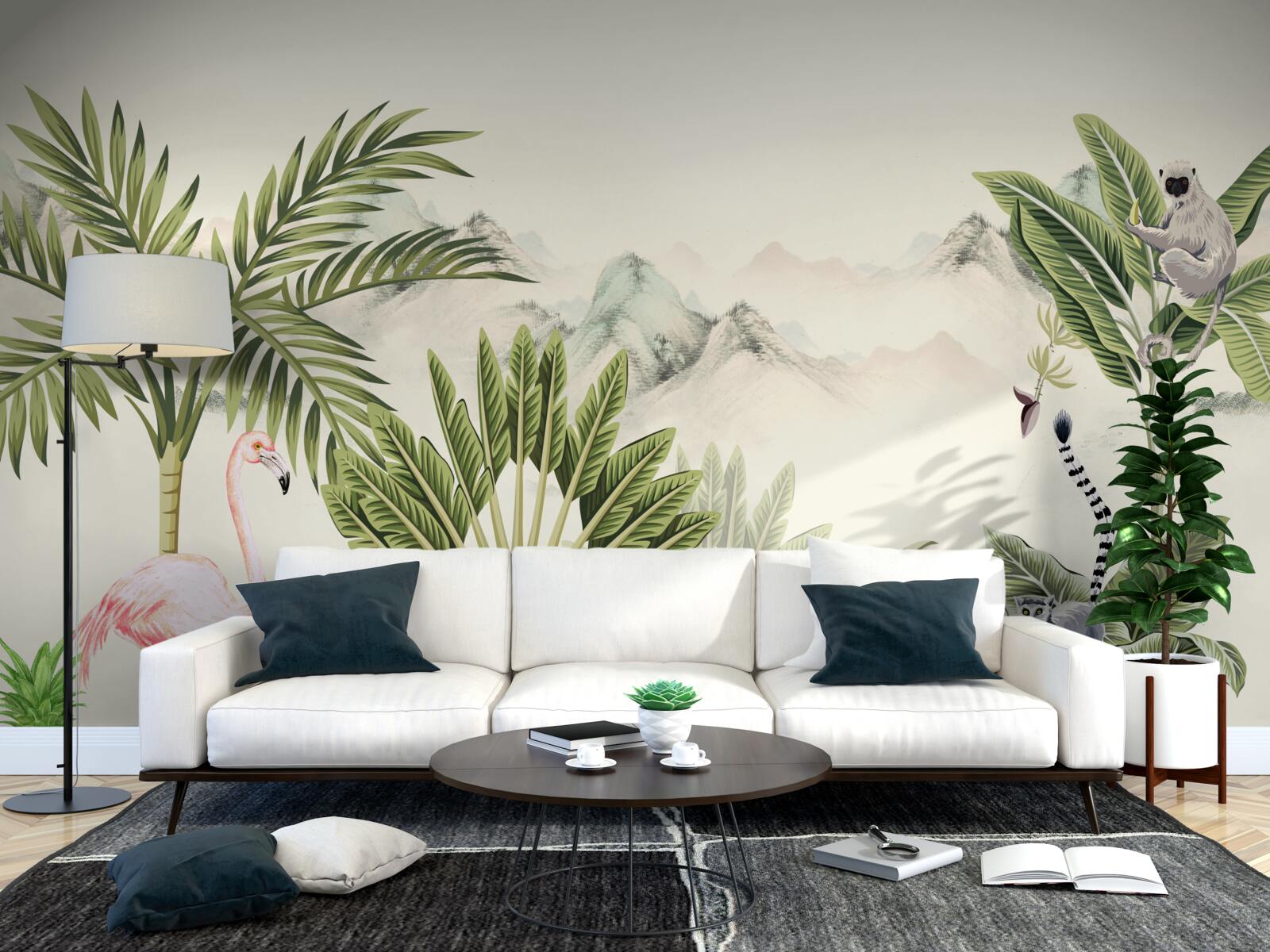 Papier peint Tropiques exotiques et flamants roses pastel