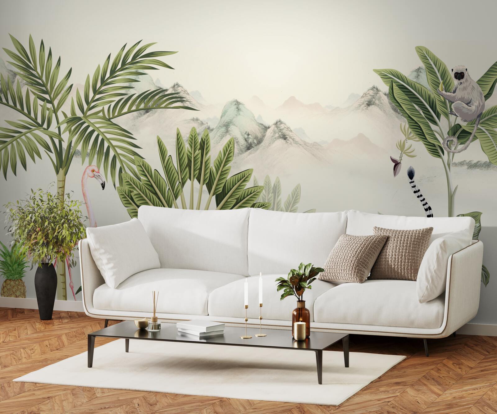 Papier peint Tropiques exotiques et flamants roses pastel