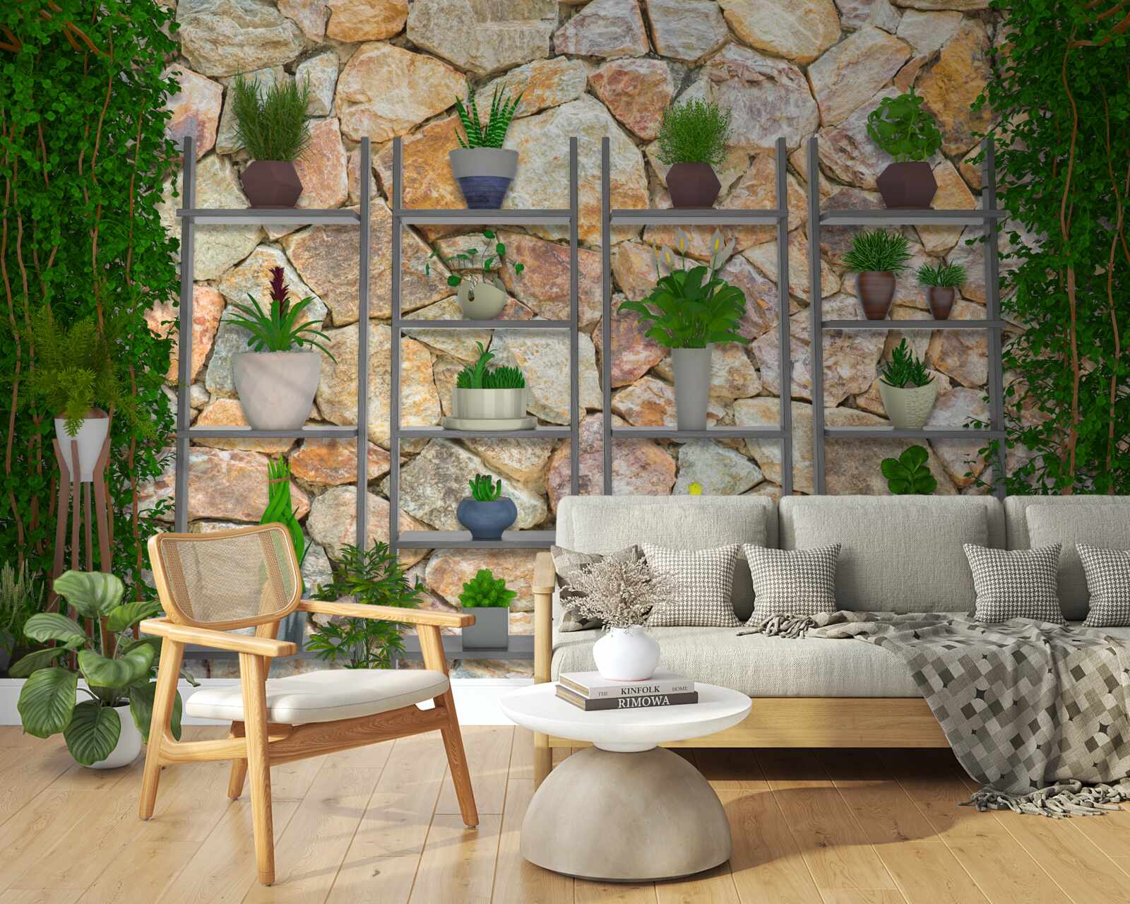 Papier peint plantes en pot sur une étagère, peinte en vert