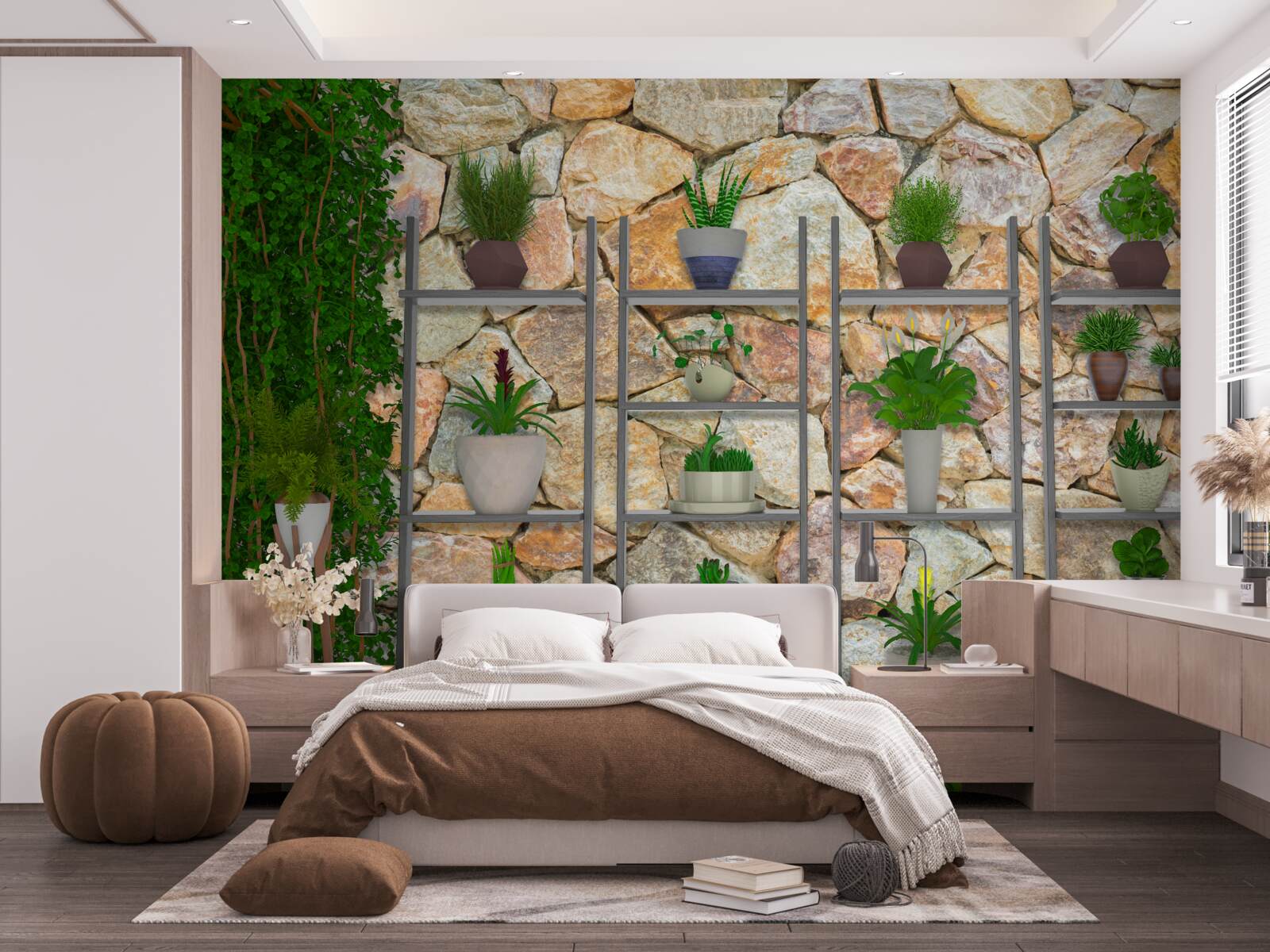 Papier peint plantes en pot sur une étagère, peinte en vert