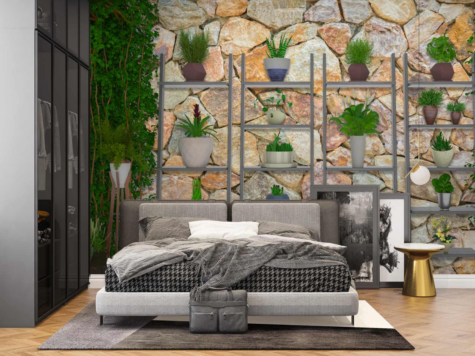 Papier peint plantes en pot sur une étagère, peinte en vert