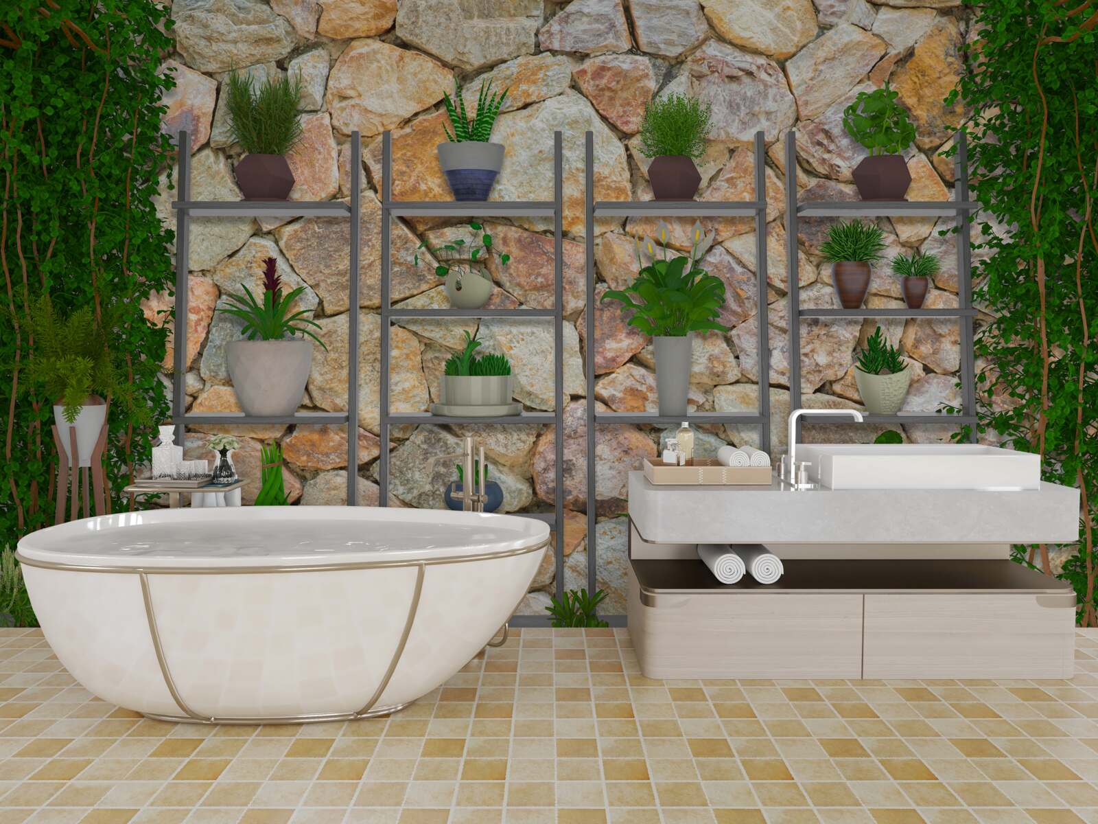 Papier peint plantes en pot sur une étagère, peinte en vert