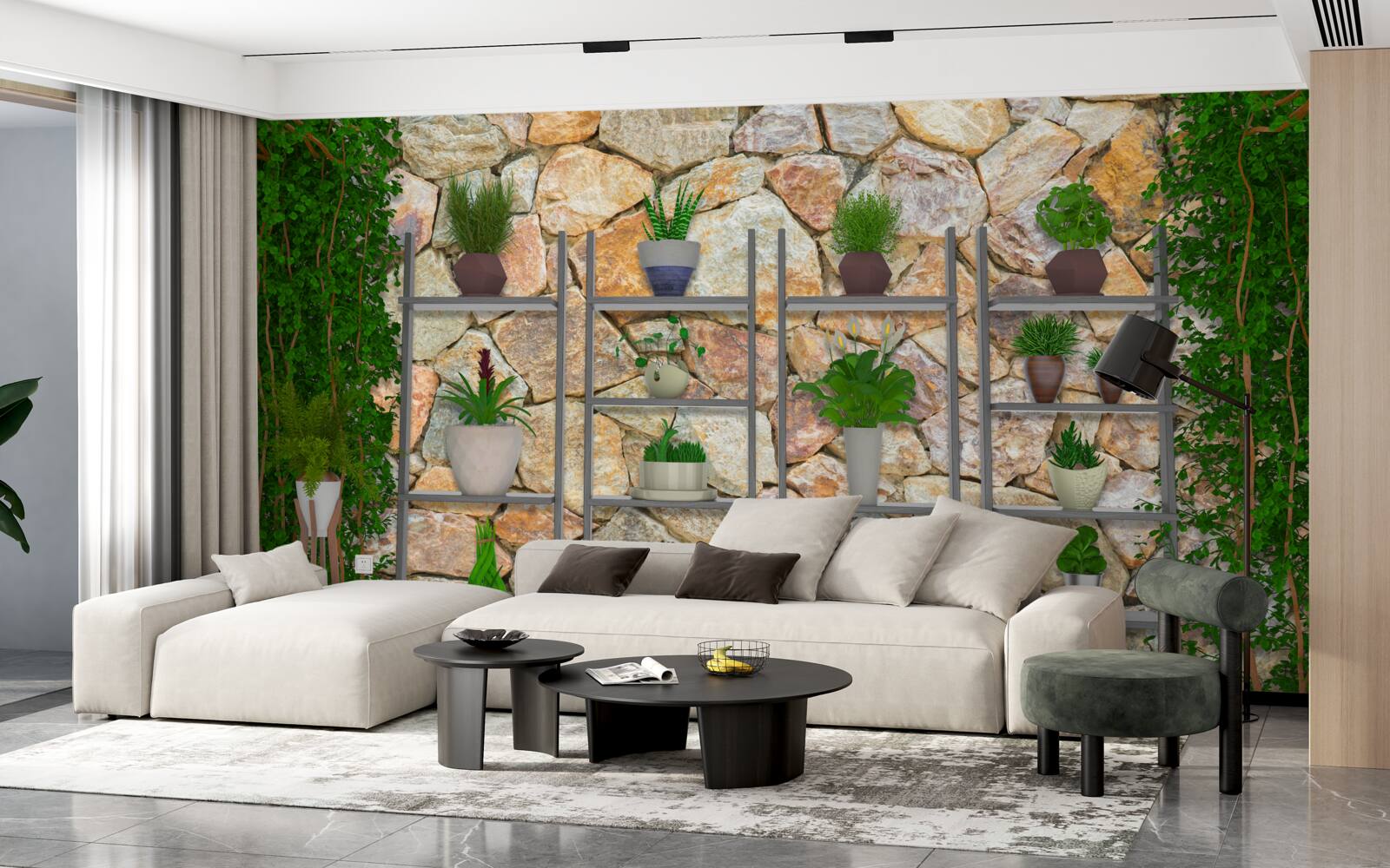 Papier peint plantes en pot sur une étagère, peinte en vert