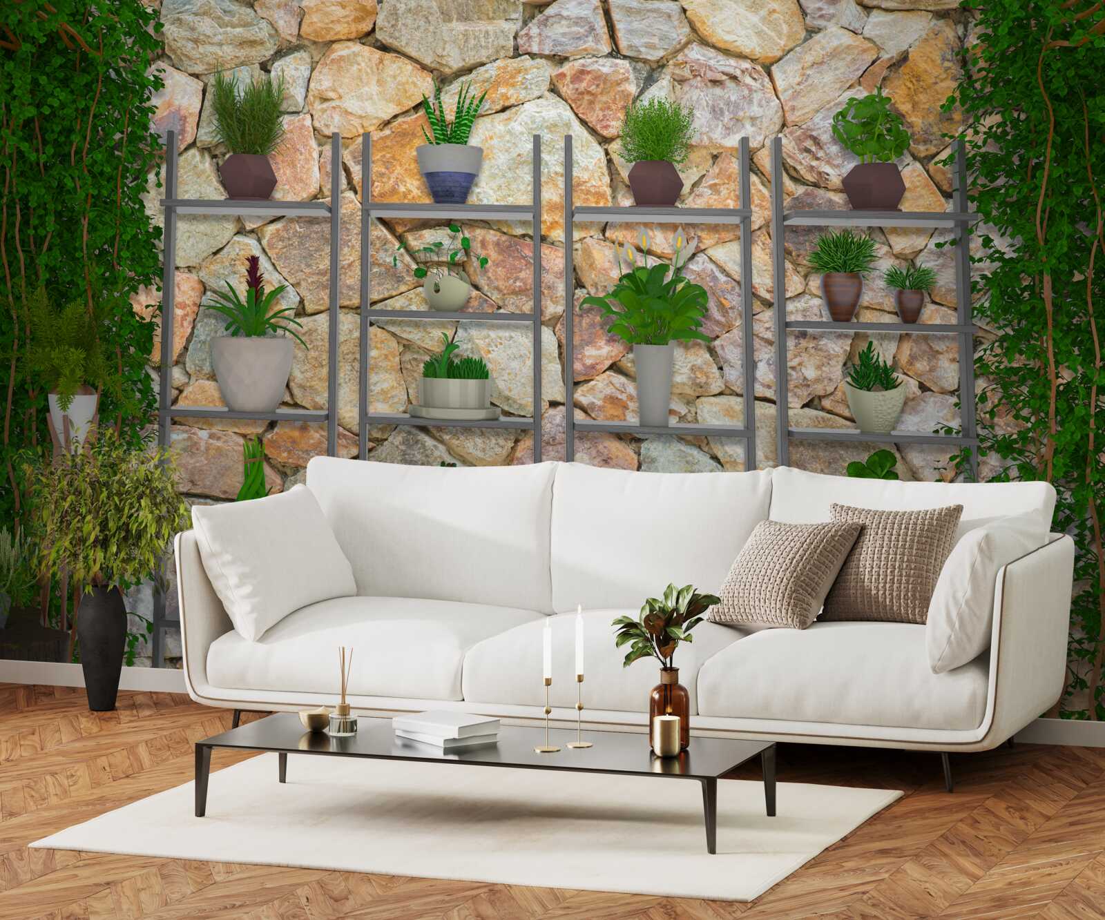 Papier peint plantes en pot sur une étagère, peinte en vert