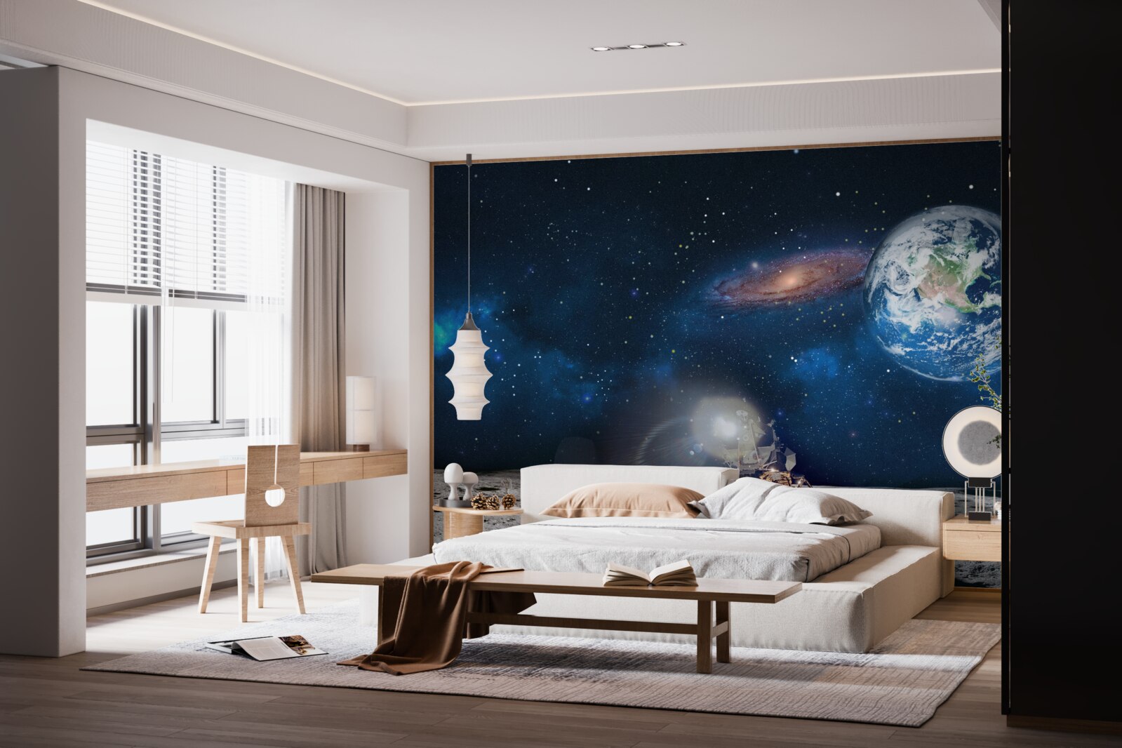 Papier peint vue de la terre depuis la perspective cosmique de la lune avec des éléments futuristes