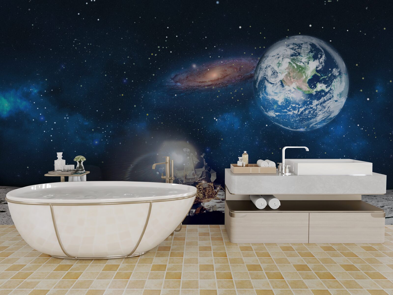 Papier peint vue de la terre depuis la perspective cosmique de la lune avec des éléments futuristes