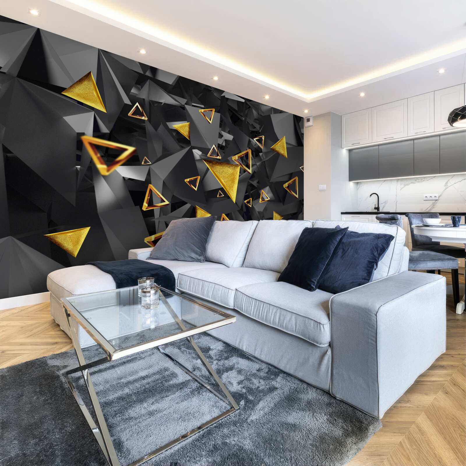 Papier peint des triangles dorés s'élevant dans l'obscurité