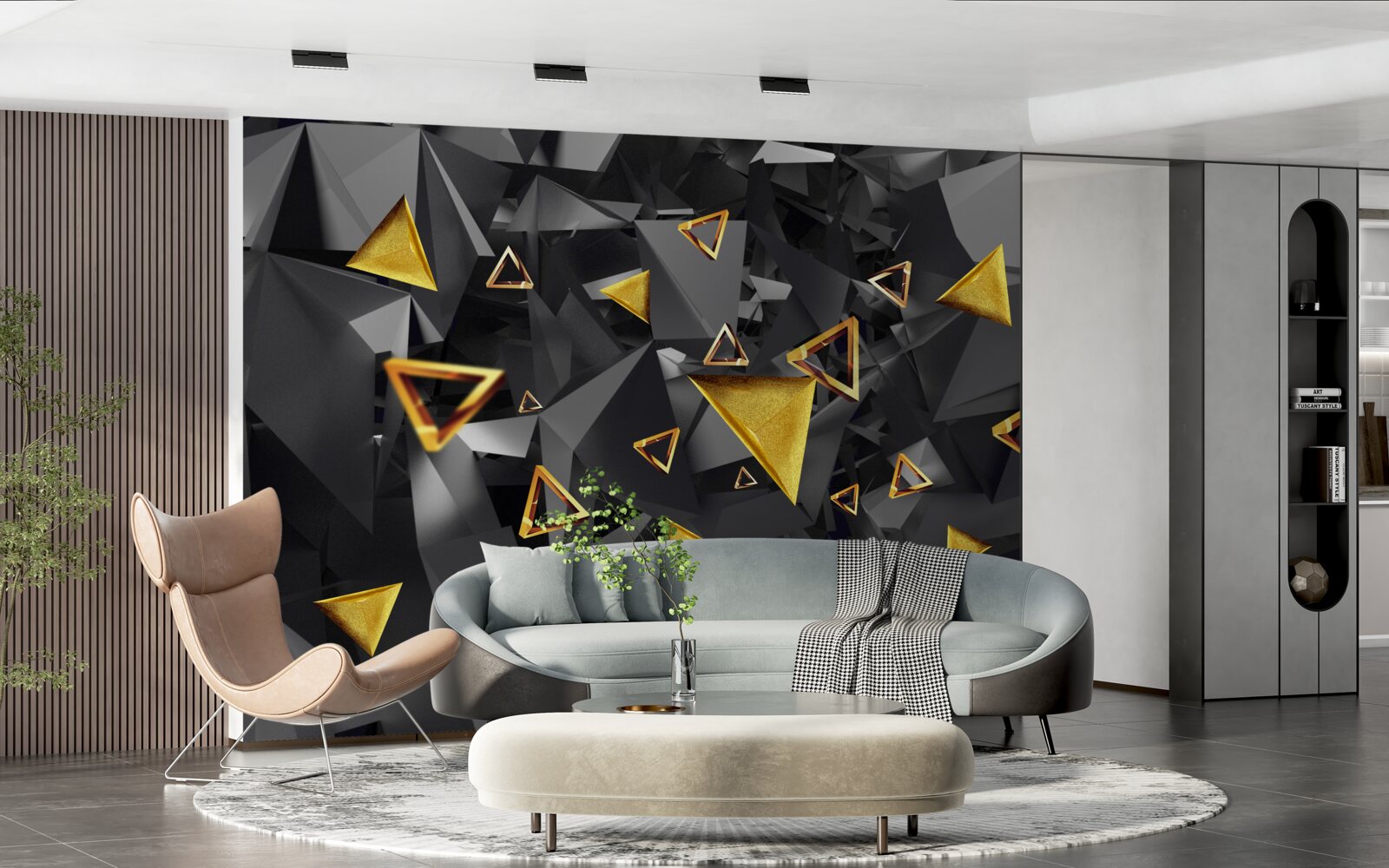 Papier peint des triangles dorés s'élevant dans l'obscurité